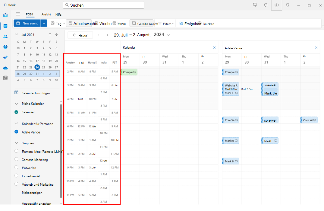 Screenshot: Hinzufügen mehrerer Zeitzonen im Kalender