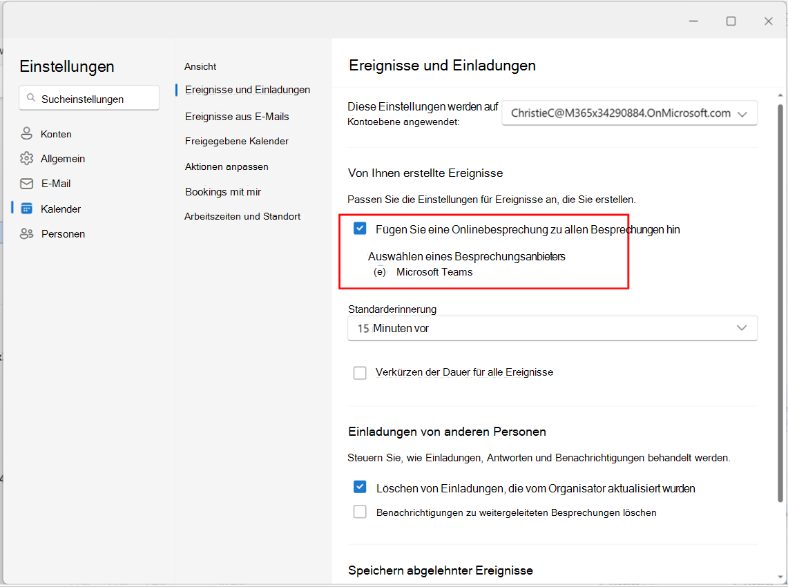 Screenshot: Aktivieren oder Deaktivieren des Hinzufügens einer Onlinebesprechung zu allen Besprechungen