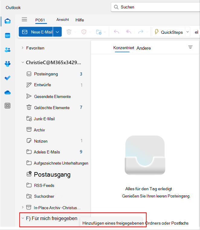 Screenshot des Popups in Outlook zum Hinzufügen eines freigegebenen Ordners oder Postfachs