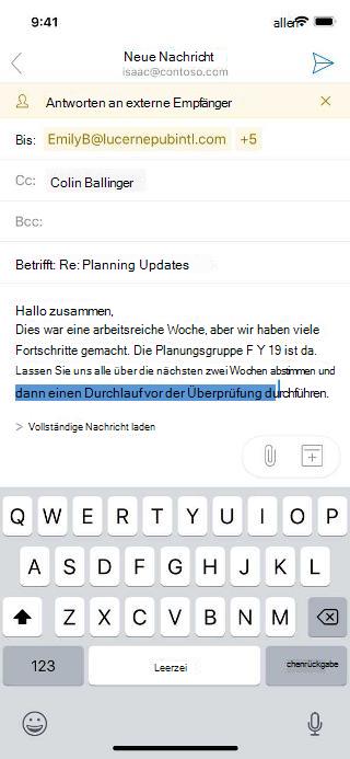 Zeigt einen E-Mail-Entwurf mit Benachrichtigung über externe Empfänger an.