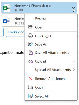 Wählen Sie in neueren Versionen des klassischen Outlook den Pfeil nach unten neben einer Anlage und dann Anlage entfernen aus.