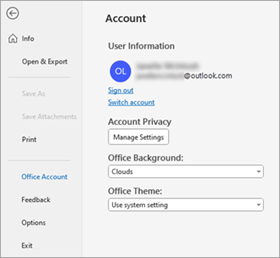 Screenshot: Benutzerinformationen im Office-Kontobereich im klassischen Outlook
