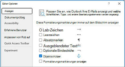 Passen Sie an, wie Outlook Ihre E-Mails anzeigt und welche Schaltflächen, Tipps und andere Bearbeitungselemente angezeigt werden.