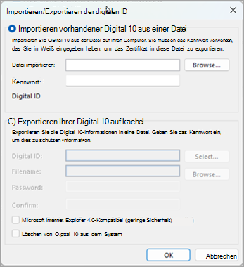 Wählen Sie Durchsuchen aus, um die digitale ID zu suchen, und geben Sie das Kennwort ein, das Sie beim Exportieren des Zertifikats in diese Datei eingegeben haben.
