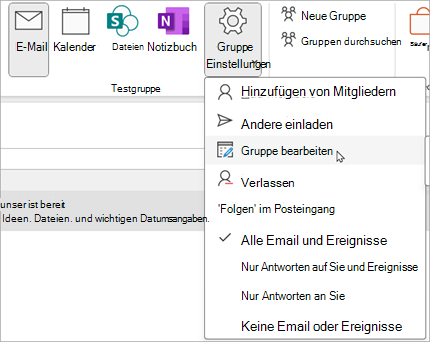 Wählen Sie im Menüband Gruppeneinstellungen > Gruppe bearbeiten aus.