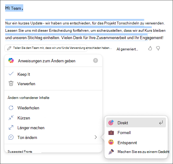 Wählen Sie Die Optionen für Ton und Länge beibehalten, verwerfen, neu generieren oder ändern