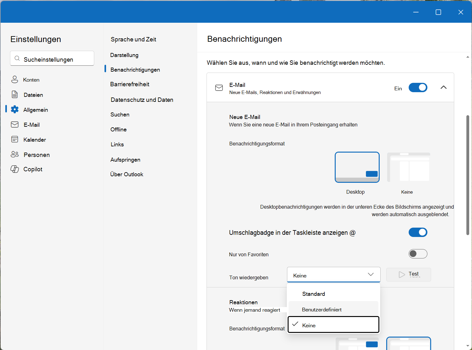 Wählen Sie unter E-Mail und Calendar Benachrichtigungseinstellungen die Option Benachrichtigungssound aus.
