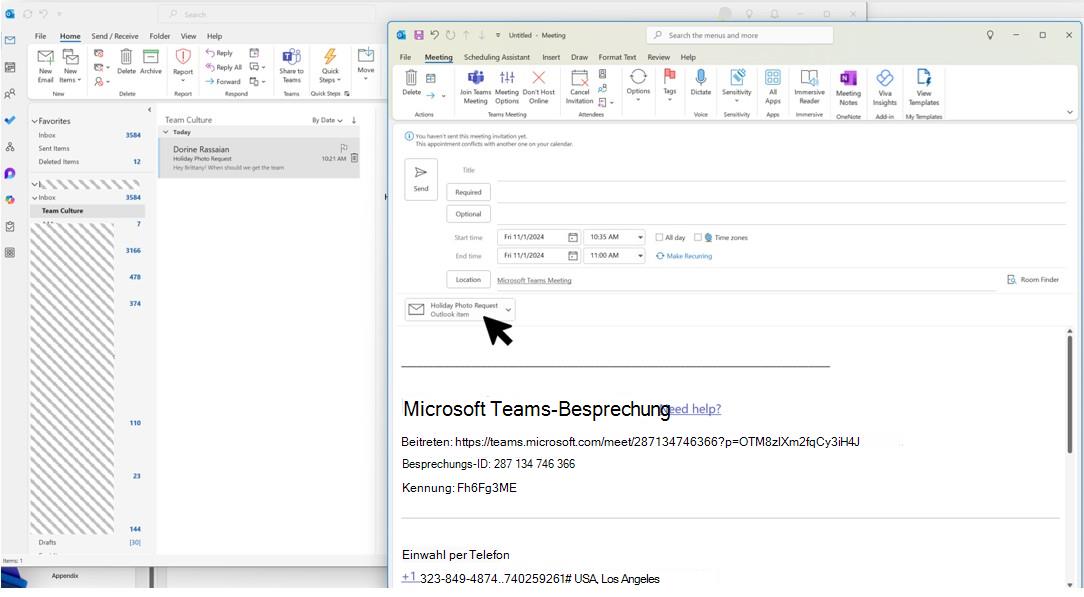 Screenshot: Ziehen und Ablegen von E-Mails und Anlagen im Kalenderbereich
