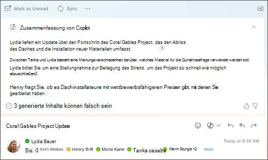 Zusammenfassung eines E-Mail-Threads mit Zitaten, die von Copilot erstellt wurden