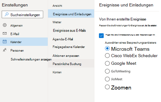 Outlook im Web – Standardanbieter für Onlinebesprechungen auswählen