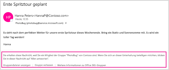 Alle E-Mails, die der Gast von Gruppenmitgliedern erhält, enthalten eine Fußzeile mit Anweisungen und Links.