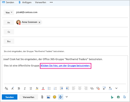 E-Mail mit Link, der den Benutzer zum Beitritt zur Gruppe einlädt