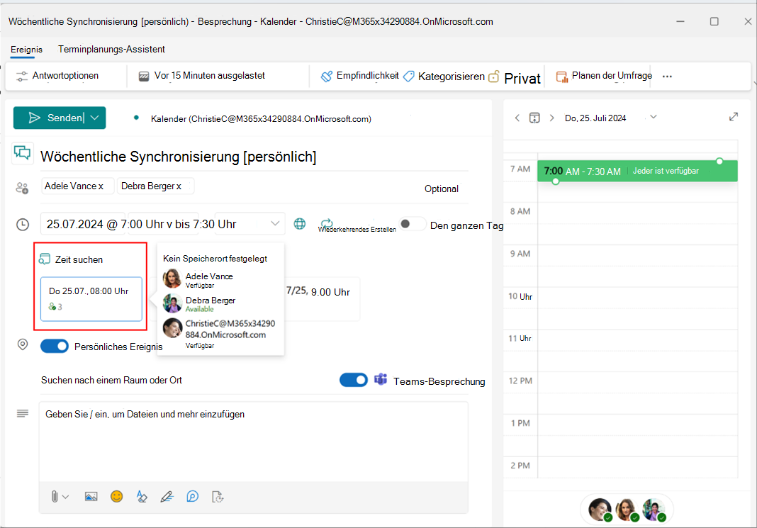 Screenshot: Umschalten des persönlichen Ereignisses im neuen Outlook