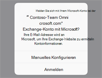 Tippen Sie auf Anmelden, wenn Sie O365 verwenden, oder tippen Sie auf Manuell konfigurieren, wenn Sie über Die Servereinstellungen Ihrer Organisation verfügen.