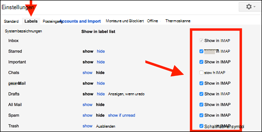Die Google-Einstellungen, mit denen die Verwendung von Ordnern in Outlook Mobile ermöglicht wird.