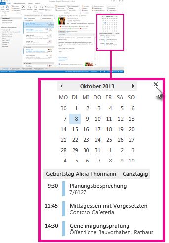 Befehl 'Popup entfernen' auf dem angehefteten Kalenderpopup
