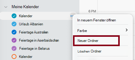 Neues Kalenderordnerfenster im neuen Outlook.