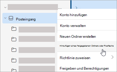 Screenshot: Auswahl zum Hinzufügen eines freigegebenen Ordners oder Postfachs