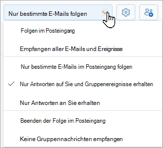 In der Dropdownliste werden Die folgenden Optionen angezeigt: Folgen Sie im Posteingang, folgen Sie nur bestimmten E-Mails im Posteingang, oder beenden Sie das Folgen im Posteingang.