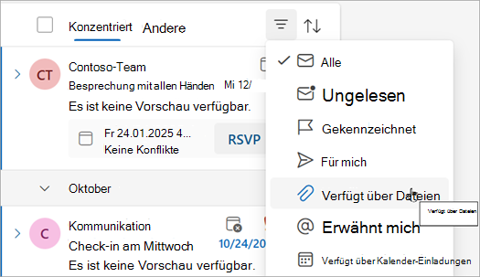 Wählen Sie Dateien aus, um alle Nachrichten mit Anlagen zu finden.