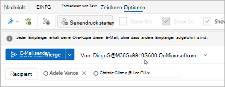 Starten Sie den Seriendruck mit Empfängern. Jeder Empfänger erhält eine eigene Kopie der E-Mail, ohne dass andere Empfänger aufgeführt sind.