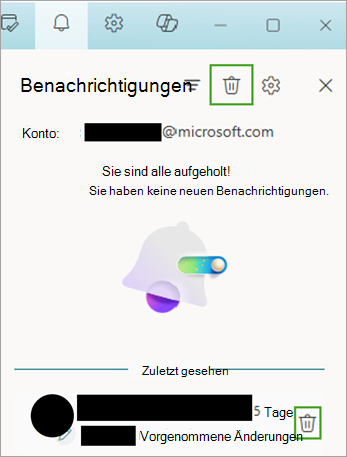 Verwenden sie das Benachrichtigungssymbol, und wählen Sie dann Löschen aus, um Benachrichtigungen zu verschieben.