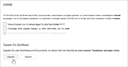 Screenshot der S/MIME-Seite in den Abschnitten 