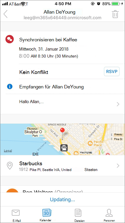 Screenshot des Bildschirms eines Mobilgeräts mit Kalender-Einladungselement.