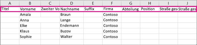 Hier sehen Sie, wie die Beispieldatei .csv in Excel aussieht.