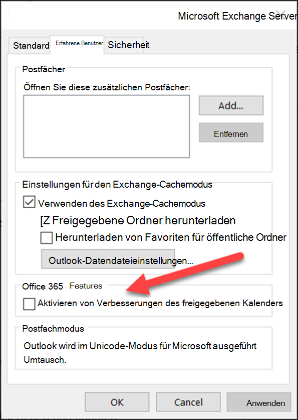 Sie können die Verbesserungen des freigegebenen Kalenders mit einem Kontrollkästchen aktivieren.