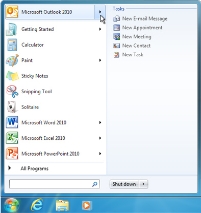 Am Windows 7-Startmenü angeheftete Sprungliste für Outlook 2010