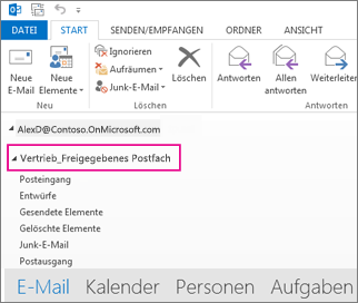 Das geteilte Postfach wird in der Ordnerliste in Outlook angezeigt