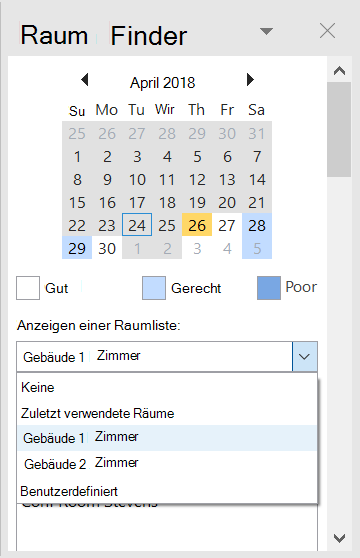 Verwenden Sie die Raumsuche, um die für Ihre Besprechung verfügbaren Konferenzräume anzuzeigen.