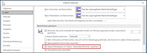 Aktivieren Sie das Kontrollkästchen, um Kopien ihrer gesendeten Elemente zu speichern.