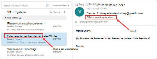 Outlook gruppiert Nachrichten nach Unterhaltungsthema in der Nachrichtenliste.
