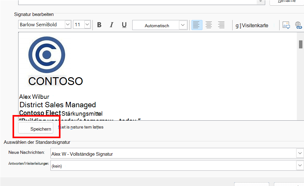 Der Signatur-Editor in Outlook mit hervorgehobener Schaltfläche 