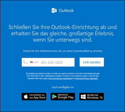 Sie können Ihre Telefonnummer eingeben, um Outlook für iOS oder Outlook für Android zu installieren.