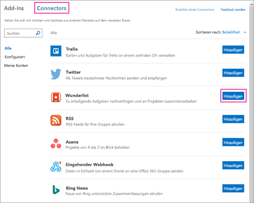 Screenshot der verfügbaren verbundenen Dienste in Outlook 2016