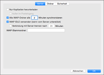 Outlook 2016 für Mac, Servereinstellungen für IMAP-Konto
