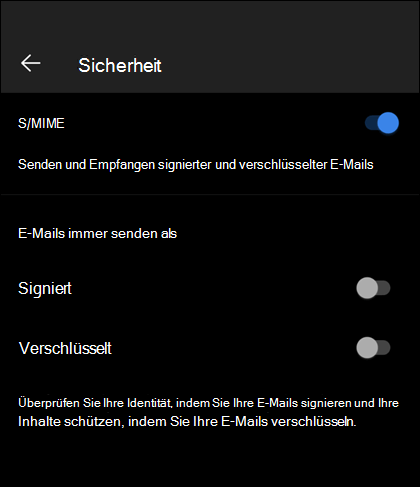 Der Sicherheitsbildschirm in Outlook Mobile mit aktiviertem S/MIME und den verfügbaren Optionen 