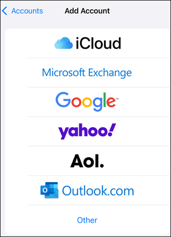 Optionen zum Hinzufügen eines Kontoanbieters für Outlook Mobile Mail
