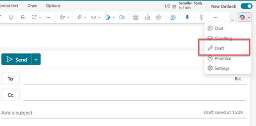 Zeigt die Seite Neue Outlook-E-Mail mit einem Feld um das Outlook-Symbol an. Das Symbol ist das Symbol direkt über der leeren E-Mail.