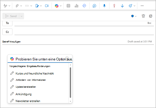 Zeigt die Seite Neue Outlook-E-Mail mit geöffnetem Eingabeaufforderungsfenster an, auf der Sie normalerweise mit der Eingabe Ihrer E-Mail beginnen.