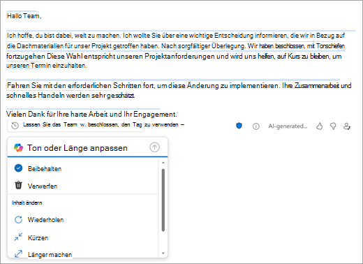 Zeigt die Seite Neue Outlook-E-Mail mit einem von Outlook erstellten Entwurf an. Unterhalb des Entwurfs befinden sich Optionen zum Beibehalten, Verwerfen oder Ändern des Entwurfs.
