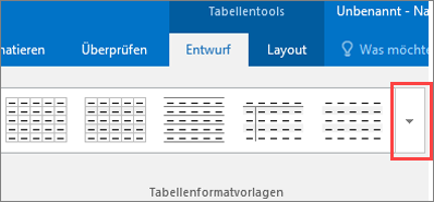 Screenshot der ersten sechs Tabellenformatvorlagen und der Schaltfläche 