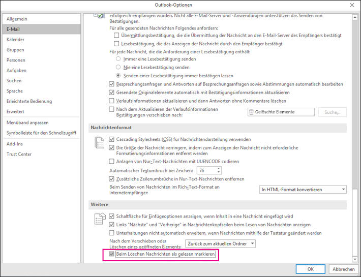 E-Mail-Optionen mit hervorgehobener Option 