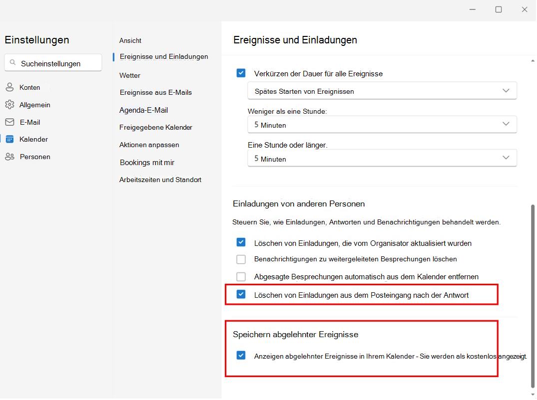 Screenshot: Beibehalten abgelehnter Besprechungen im Kalender