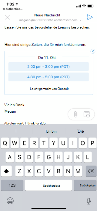 Zeigt einen iOS-Bildschirm mit verfügbaren Zeiten an, die in einem E-Mail-Entwurf aufgeführt sind In der oberen linken Ecke befindet sich ein &Quot; X" Schaltfläche.