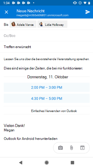 Zeigt einen Android-Bildschirm mit einem E-Mail-Entwurf mit vorgeschlagenen Zeiten an. Es gibt eine &Quoten; X" in der oberen linken Ecke.