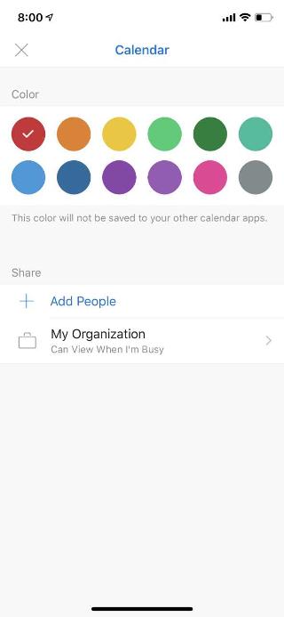 Zeigt einen Kalender auf einem mobilen Bildschirm an. Im Abschnitt Freigeben befindet sich ein Link mit dem Hinweis People hinzufügen.